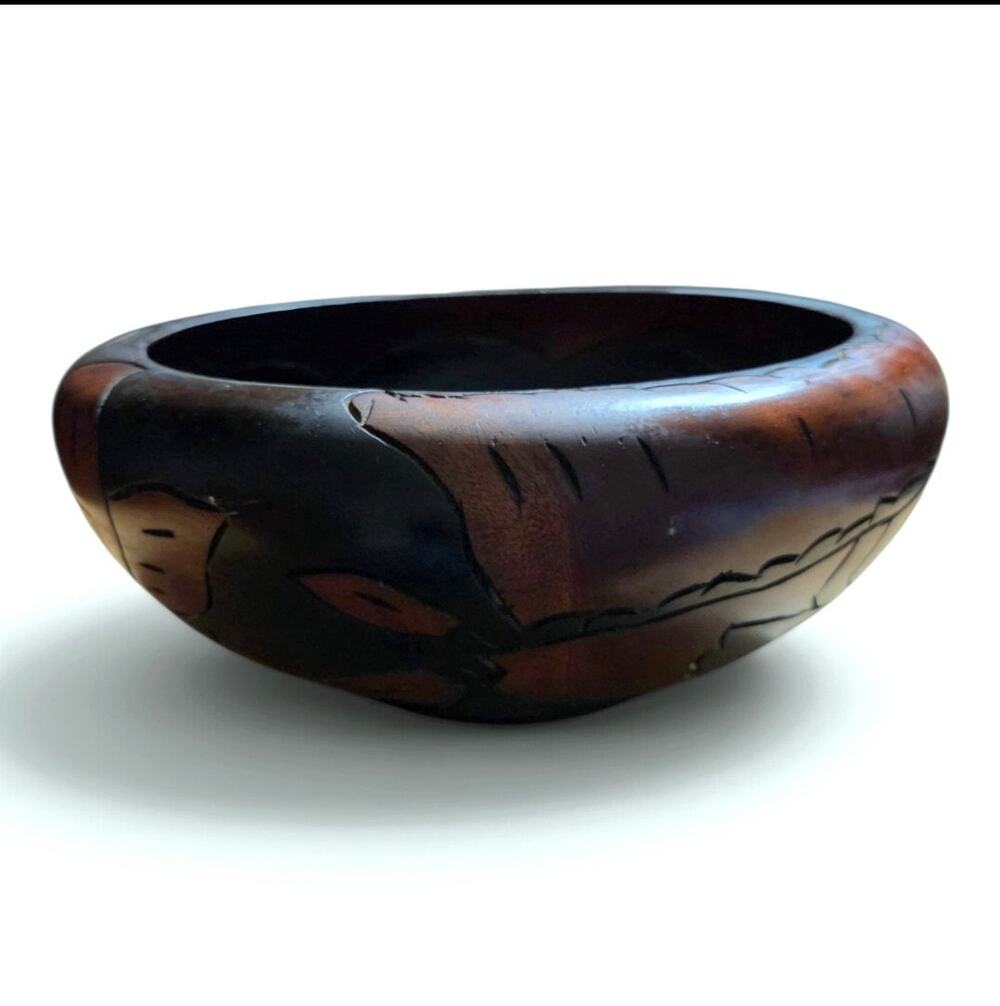 Vintage Hand Carved Wood Bowl Fish Botanical Folk Art Large 10" Rustic Decor